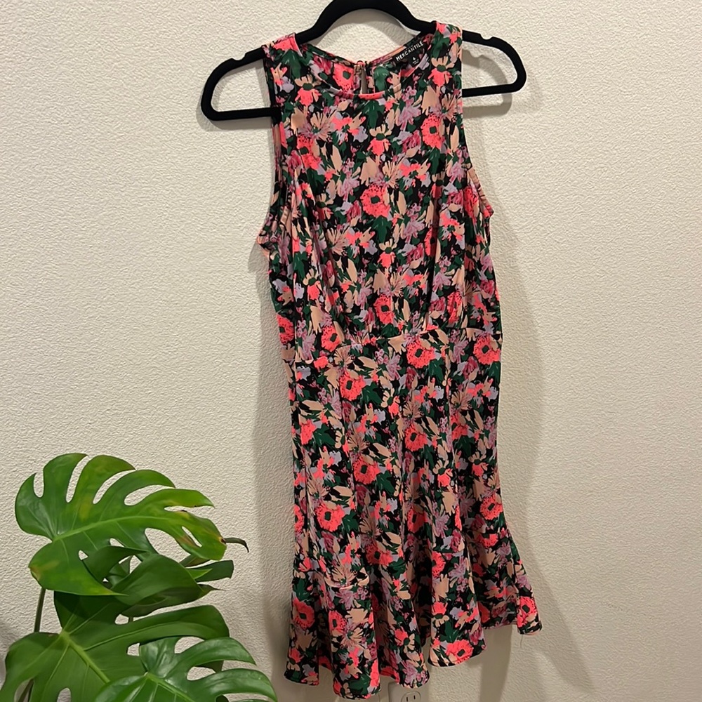 J. Cree Mercantile Multi-Color Neon Floral Ruched Dress Pleated Skirt Size 6